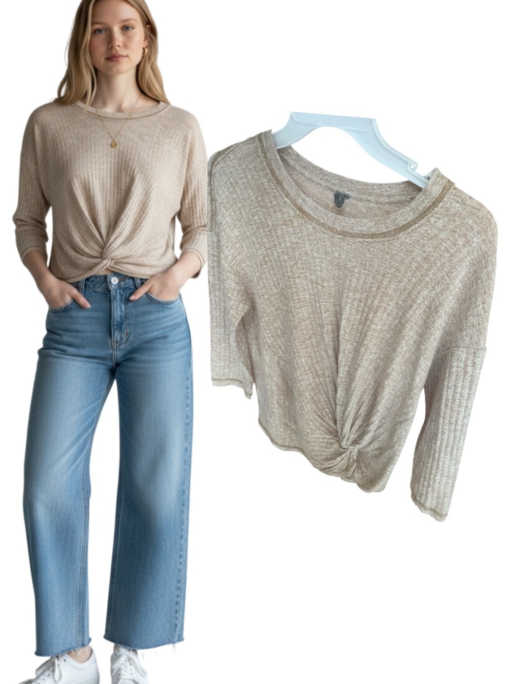 Anthropologie Womens Small Beige Twist Front Knot Top 3/4 Sleeve Ribbed Knit